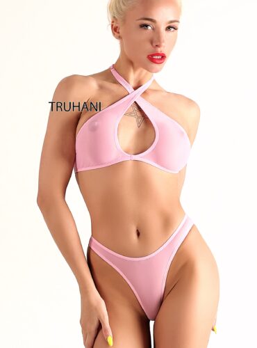 Hot see through brazilia Truhanin mini nimfet bikini bottom set and top. Sexy sheer cheeky pink mesh cover up butt panties and bra. Cute high cut leg swimsuit.