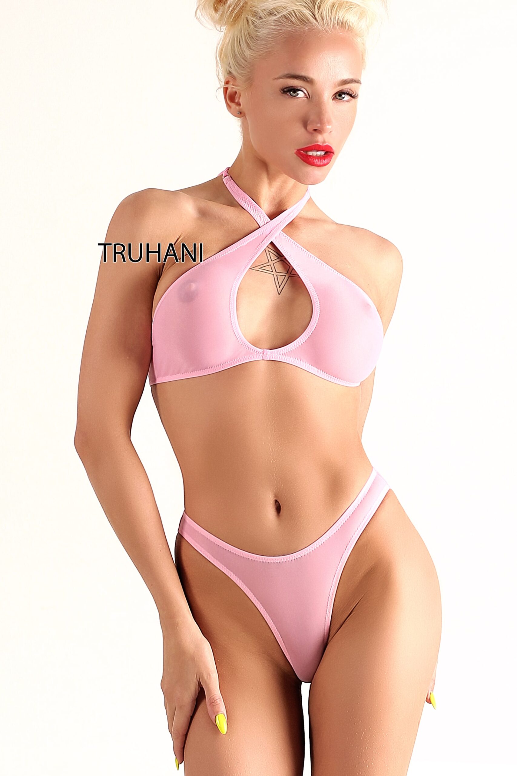 Hot pink extreme sexy designer see through brazilian bikini set bottom & bra. High cut leg two piece sheer mini swimsuit. High waist cute panties & top.