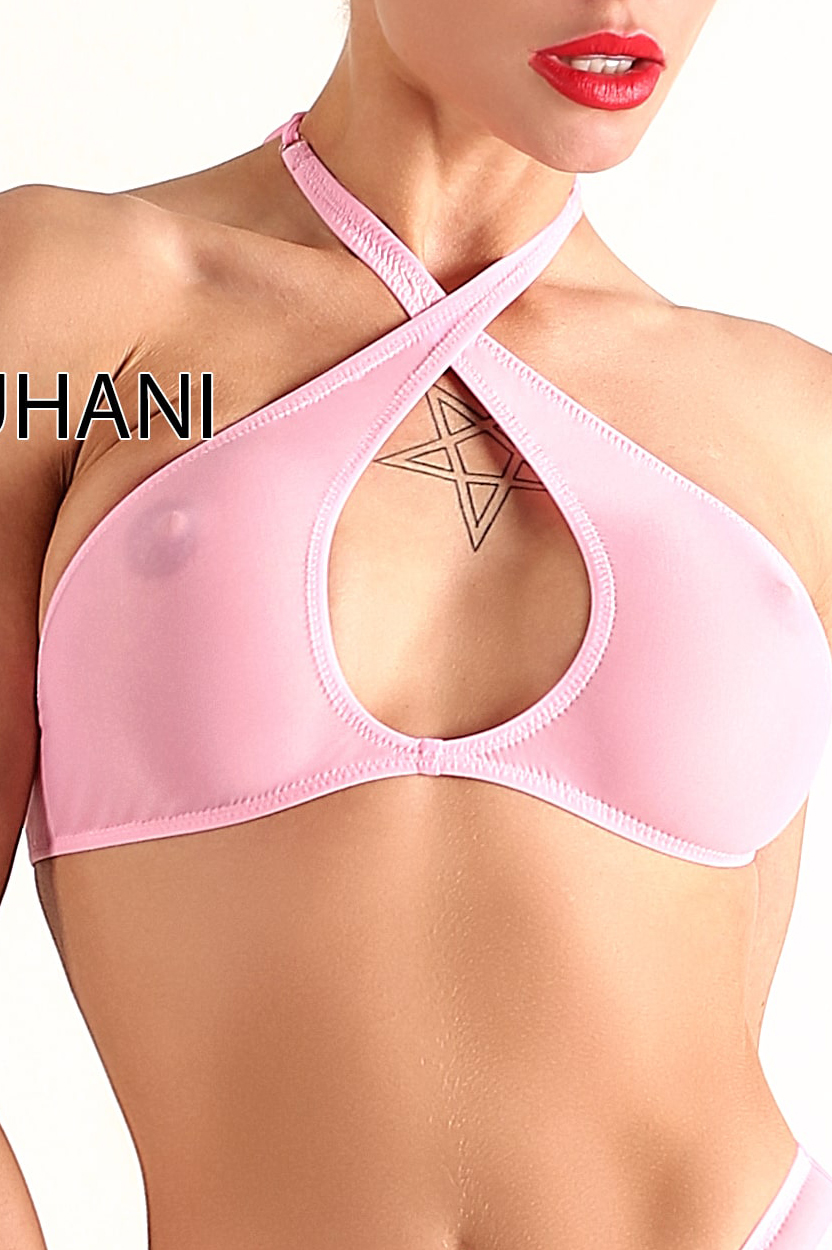 Hot see through mini top. Sexy sheer cheeky pink mesh bra. Cute high cut leg swimsuit.