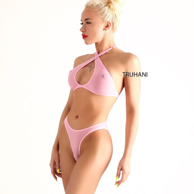 Hot sheer brazilian mini bikini bottom set and top. Sexy sheer cheeky pink mesh cover up butt panties and bra. Cute high cut leg swimsuit.