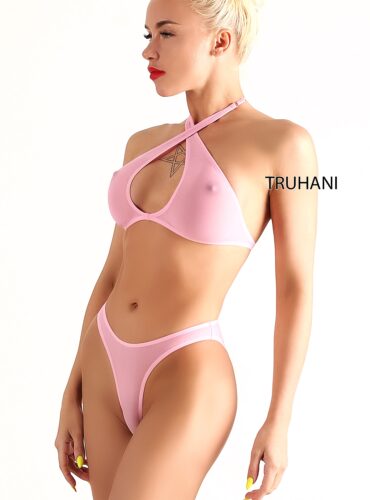 Hot see through brazilian mini nimfet bikini bottom set and top. Sexy sheer cheeky pink mesh cover up butt panties and bra. Cute high cut leg swimsuit. Truhani