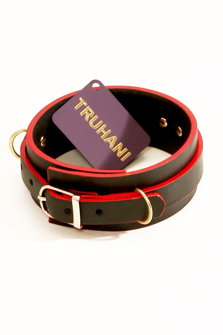 BDSM submissive collar for sex restraints. Sexy leather choker. Black/red slave necklace. Fetish Kinky party accessory