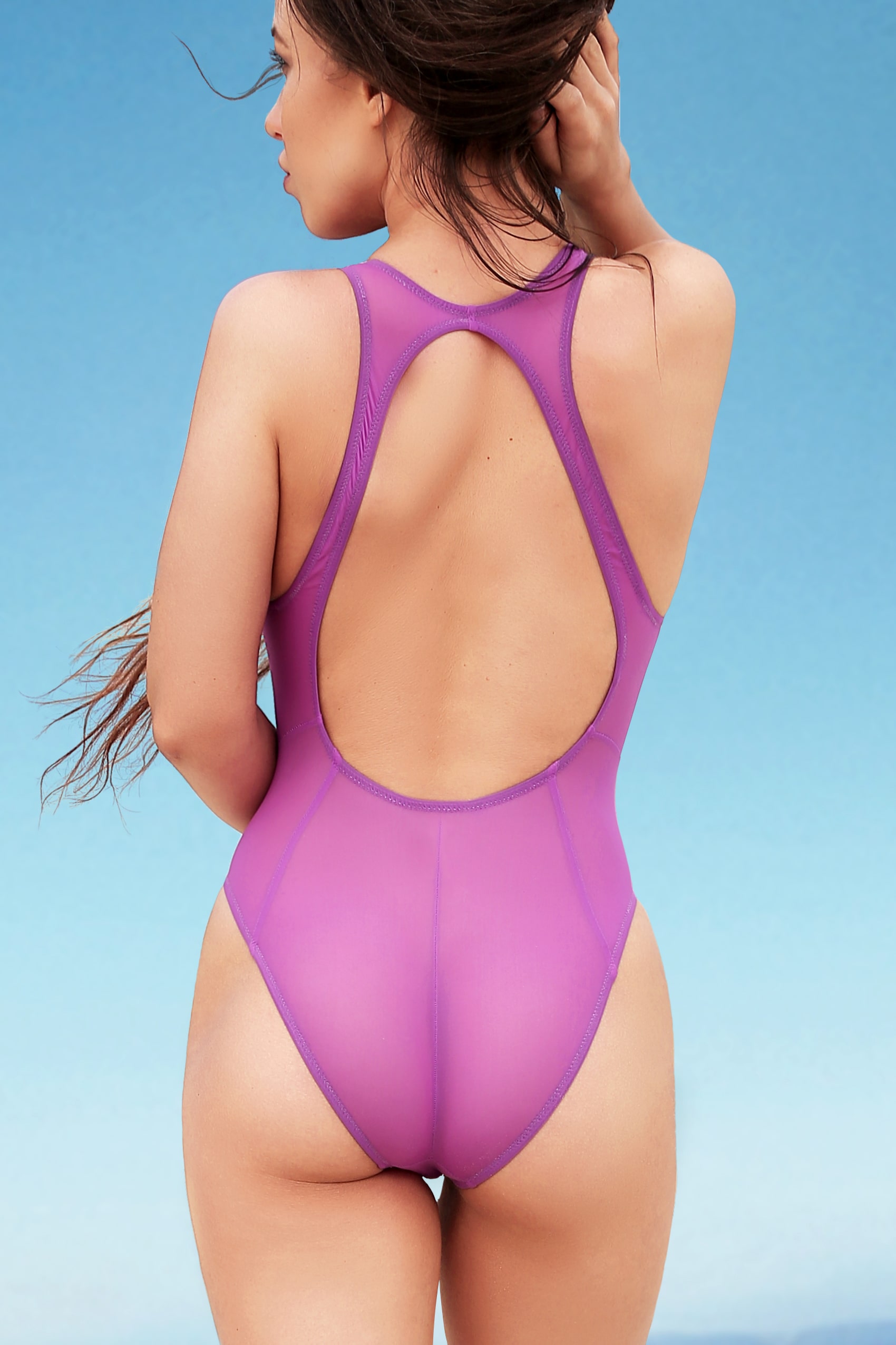 Sexy high waist one piece bathing suit Purple high cut leg bodysuit Designe...